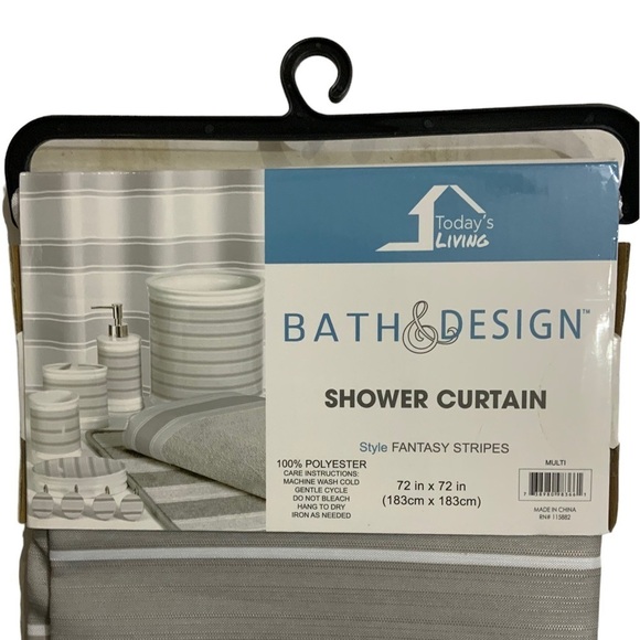 Striped Fabric Shower Curtain Ceramic Accessories 3 Pieces White Grey Tan Khaki - Picture 13 of 15